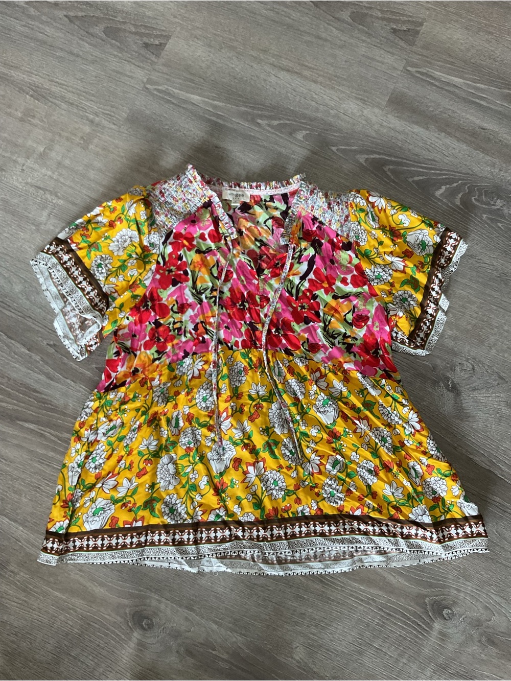 Bright Floral Mixed-Print Tunic Top - Yellow & Pink